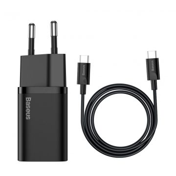   Stenski polnilec Baseus Mini Power Delivery 25 W USB-C s kablom USB-C 100 cm, črn