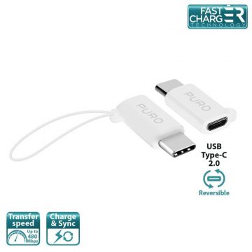   PURO Micro USB to USB-C adapter - Micro USB to USB-C 2.0 adapter za polnjenje in sinhronizacijo podatkov, 2A, 480 Mbps + varnostna vrv (bela)