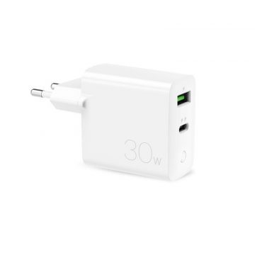   PURO Mini hitri potovalni polnilnik - hiter USB-A + USB-C prenos moči 30 W (bel)