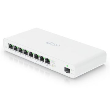   Stikalo Ubiquiti UISP - 8x GbE, 1x SFP, brez ventilatorja, 8x PoE Out 27V (PoE proračun 110 W)