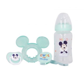   Mickey Mouse - Set za dojenčke (steklenička z nastavkom 240 ml, anatomski cucelj, grizalo, držalo za grizalo) (Cool)