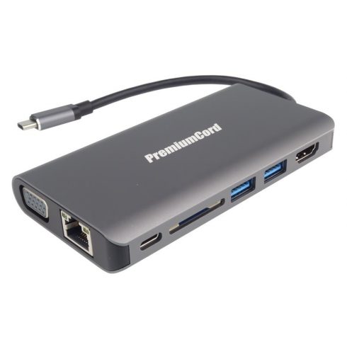 PremiumCord adapter USB3.1 tip C na HDMI+VGA/ RJ45/ 2xUSB3.0/ SD/ 3,5 mm/ PD polnjenje