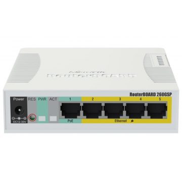   MikroTik upravljano stikalo RB260GSP, 5x GbE PoE/PoE+, SFP, SwOS, PSU (PoE proračun 55W)