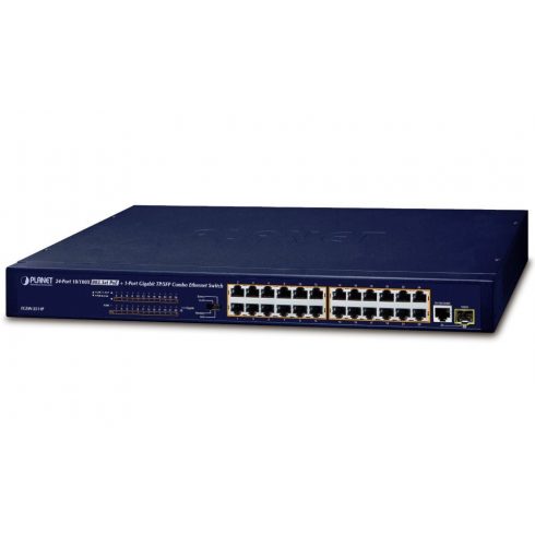 Planet FGSW-2511P PoE stikalo, 24x100Mb + 1x1Gb-TP/SFP, 24x PoE 802.3at do 190W, VLAN, ext.mod. 10Mb PoE@250m