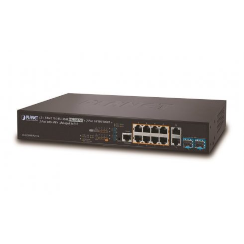 Planet GS-5220-8UP2T2X L3 stikalo, 10x1Gb, 2x1Gb SFP, 2x10Gb SFP+, 8x PoE 802.3bt 240W, QoS