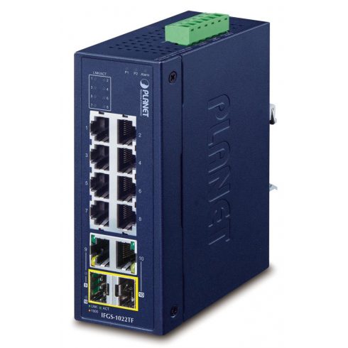 Industrijsko stikalo Planet IFGS-1022TF, 8x100M + 2x1Gb/SFP, -40 do 75°C, dvojno 9-48VDC, IP30, brez ventilatorja