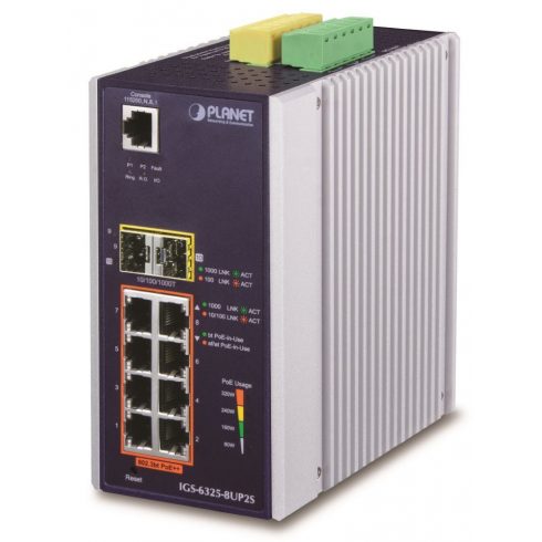 Industrijsko L3 stikalo Planet IGS-6325-8UP2S, 8x1Gb, 2x2.5Gb SFP, PoE 802.3bt 360W, 48-54VDC, -40~75°C, brez ventilatorja