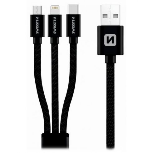 Swissten Data kabel 3v1 MFi, 1,2 m, tekstil, (micro USB, USB-C, Lightning) črn