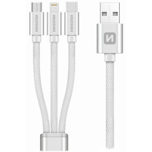 Swissten Data kabel 3v1 MFi, 1,2 m, tekstil, (micro USB, USB-C, Lightning) srebrn