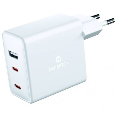 Omrežni adapter Swissten GaN 2x USB-C + 1x USB 70W PD bela