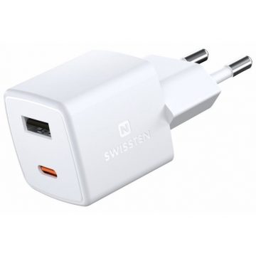   Omrežni adapter Swissten GaN 1x USB-C + 1xUSB 30W PD mini 3x3x3 cm bela