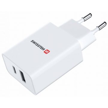 Omrežni adapter Swissten GaN 1x USB-C + 1x USB 30W PD bela