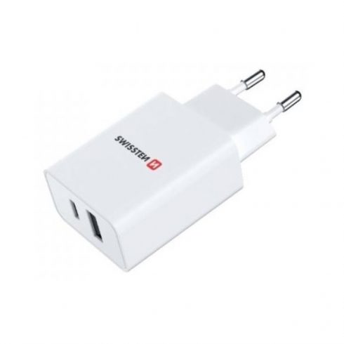 Omrežni adapter Swissten 1x USB-C + 1x USB 2.1A 10.5W bel