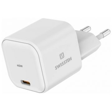 Omrežni adapter Swissten GaN 1x USB-C 45W PD bela