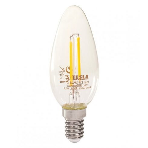 TESLA LED žarnica FILAMENT RETRO candle/ E14/ 2,5W/ 230V/ 250lm/ 2700K/ topla bela/ prozorna