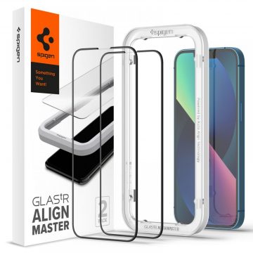   Spigen Alm Glass FC 2-Pack - Tempered Glass iPhone 14 / iPhone 13 / iPhone 13 Pro 2 kosa (črna)