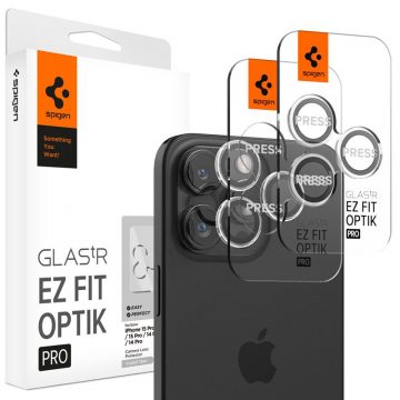   Spigen Optik.TR EZ Fit Camera Lens Protector 2-Pack - Steklo za zaščito leč za iPhone 15 Pro / 15 Pro Max / iPhone 14 Pro / 14 Pro Max (2 kosa) (Crystal Clear)