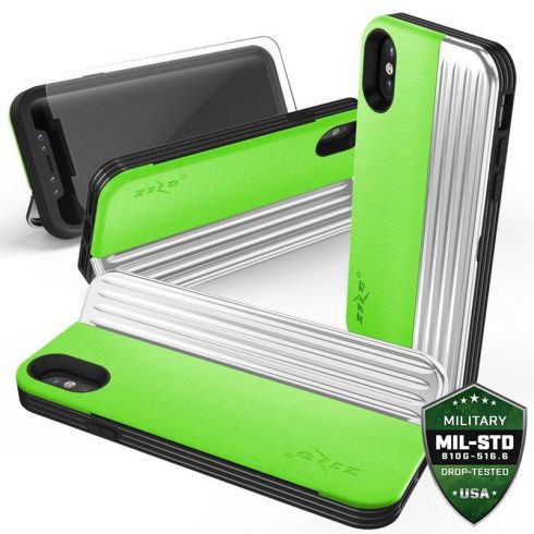 Serija Zizo Retro - Hrbtna stran denarnice z magnetnim zapiralom in vgrajenim stojalom za iPhone Xs /X (neon zelena/srebrna)