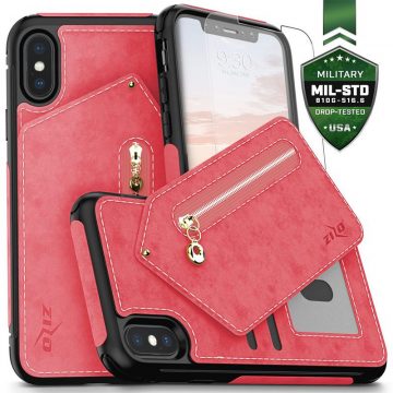   Zizo Nebula Wallet Case - zadnja stran denarnice in torbica na zadrgo z zaščito zaslona iz kaljenega stekla za iPhone X (roza/črna)