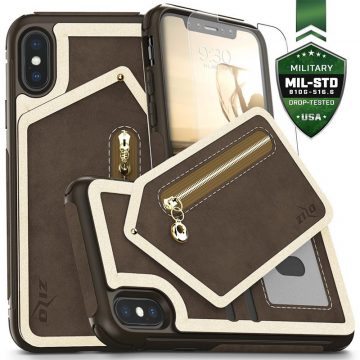   Zizo Nebula Wallet Case - hrbtna stran denarnice in torbica na zadrgo z zaščito zaslona iz kaljenega stekla za iPhone X (temno rjava/rjava)