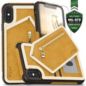   Zizo Nebula Wallet Case - hrbtna stran denarnice in torbica na zadrgo z zaščito zaslona iz kaljenega stekla za iPhone X (svetlo rjava/rjava)